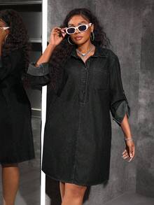 Slaydiva Plus Size Denim Long Sleeve Shirt Dress, Casual Fitted Blue - Black - View 7
