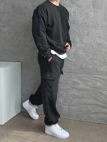 DAZY 男士加厚羊毛套衫和裤子套装，松紧腰带和大口袋，深灰色，秋冬舒适服装 - 灰色 - 查看 6