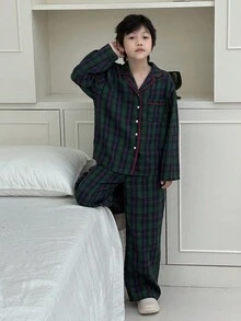DAZY 青少年男孩格子翻领长袖单排扣上衣和裤子睡衣套装秋冬 - 墨綠色 - 查看 3