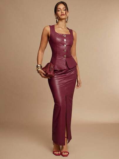 Silquee Women's Solid Color Square Neck Single Breasted PU Leather Sleeveless Top And Slim Midi Skirt Elegant Set 2 Piece Dress Set Vest And Skirt Set 2 Piece Set Ladies Elegant Faux Leather Skirt Suit Women Autumn Clothes Women Fall Clothes Women Winter Clothes Women Christmas And Halloween Costumes Women Office Clothes Women Work Clothes Office Clothes For Women Suitable For Daily Outings, Dates, Parties Burgundy And Purple PU Leather Slim-Fit Vest + Skirt / Night Out / Rave Party / Leather Top / Goin