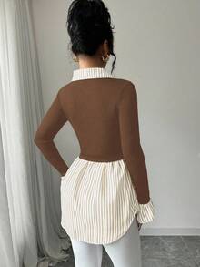 Elenzga Women's Striped Collared Long Sleeve Knit & Woven Patchwork Top - Brown - View 2