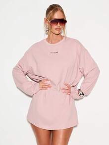 KIZN Oversized T-Shirt Dress Long Sleeve Mini Length Casual Fall Spring Loungewear Loose Fit Streetwear Urban Fashion Basic Essential Winter Layering Piece Tunic Length - Dusty Pink - View 3