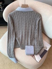 Franclia Fashionable Blogger-Inspired 2 In 1 Patchwork Knit Cardigan Sweater Cable Knit Cardigan Button Up Cardigan Collared Cardigan