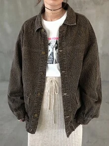 FRIFUL 女式豹纹休闲牛仔夹克，长袖，单排扣，秋季 - 棕色 - 查看 2