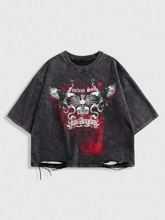 Grunge Punk Maglietta girocollo da uomo alla moda con stampa "Haha", stile distressed, colore scuro, adatta per Ognissanti, stile anni 2000