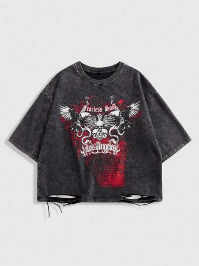 Grunge Punk Men's Fashionable Haha Print Crew Neck Distressed Dark T-Shirt Halloween, 2000s Style