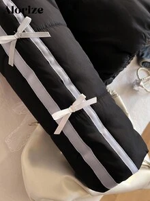 Manteau court rembourré avec col montant, décoration de nœud en ruban noir, décontracté pour préadolescentes et adolescentes, chaud