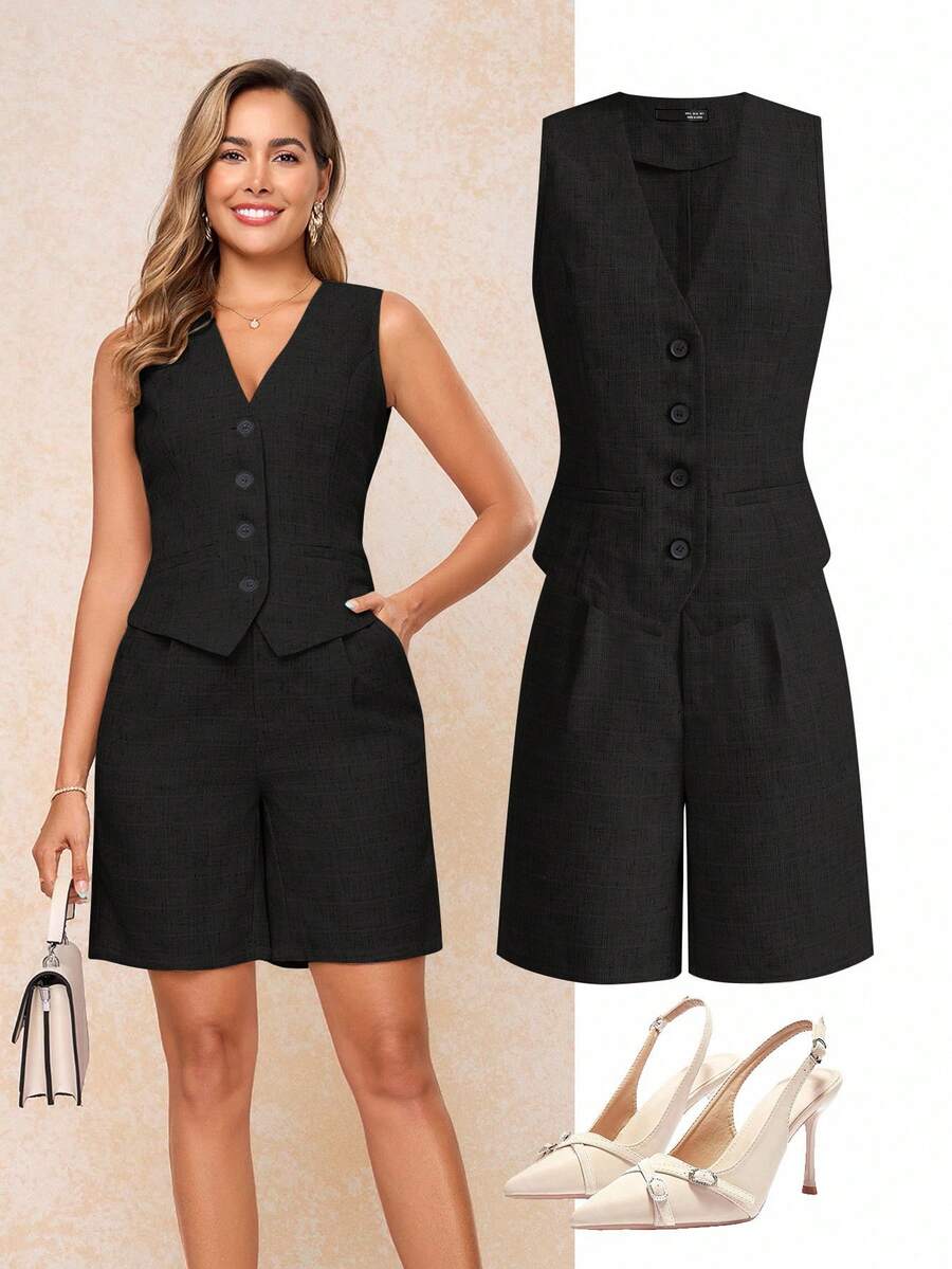 Ellevyn Women's Vest And Shorts Commuting Office Style Suit - Black - View 1