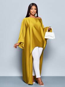 SOLERSUN Women's Solid High Low Hem Flounce Sleeve Asymmetrical Hem Blouse,Ladies Casual Asymmetrical,High Low Long Sleeve Round Neck Loose Long White Batwing Sleeve Top Women Satin Blouses ,Casual Daily Wear