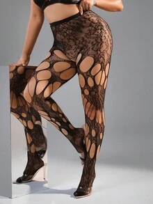 SpicyHot 1pc Plus Size Women Open Crotch Fishnet Stockings, Suitable For Pairing With Skirts - Black - View 1