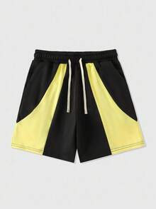 ROMWE MEN Street Life Shorts soltos masculinos com patchwork de cores contrastantes e cordão na cintura - Preto - Ver 1