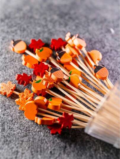 SHEIN 100PCS Fall Cocktail Picks Toothpick, Leaves Pumpkins Acorns Decorative Fancy Toothpicks Bamboo Appetizer Toothpicks Fruit Skewers For Autumn Party Decor Fall Decor Thanksgiving Day Celebrations Party Food Fruit Drinks Decoration Party Desserts, Bread, Cakes, Cocktails, Etc., With Random Colors, Kitchen Party Decoration Supply