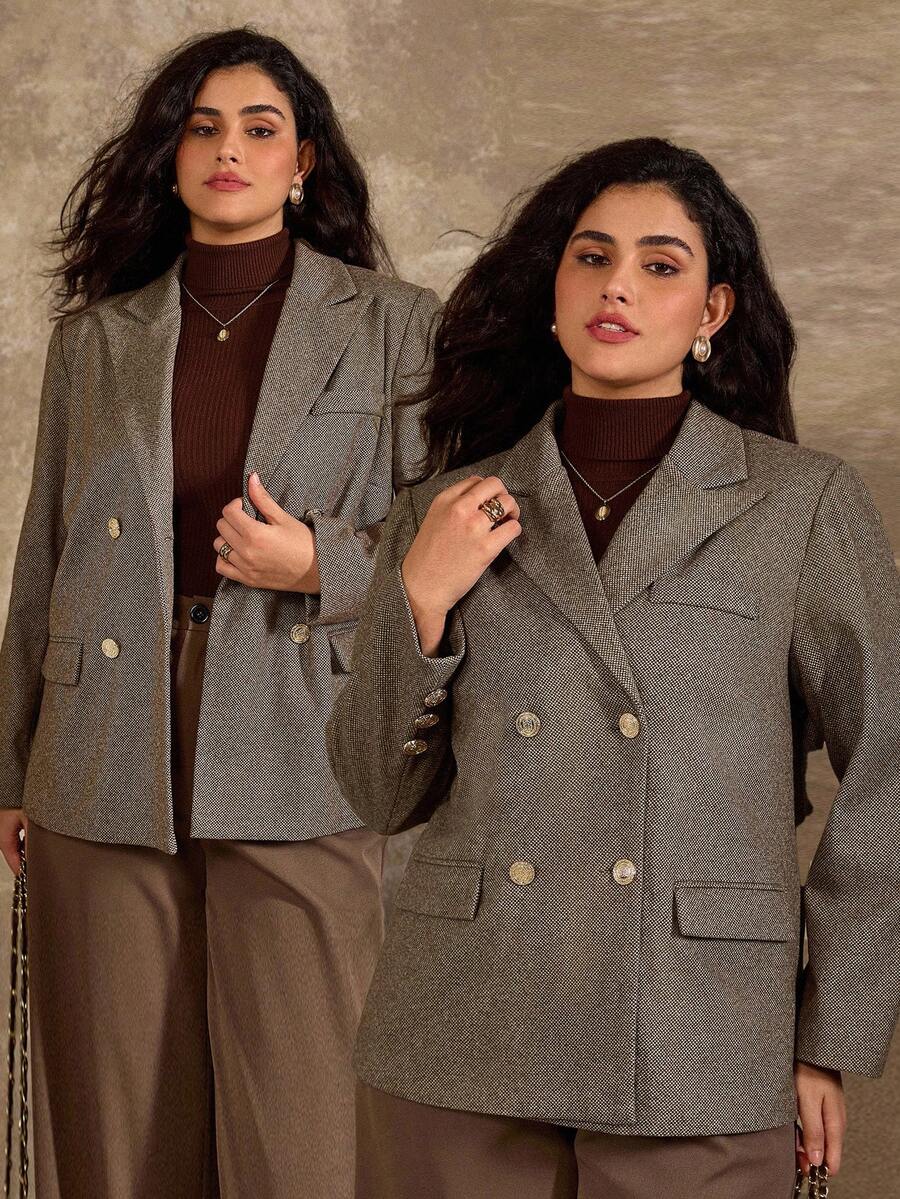 Flirla Cardigan elegant pentru femei de mărime mare, cu rever maro, mânecă lungă, lungime medie - Maro - Vizualizare 1