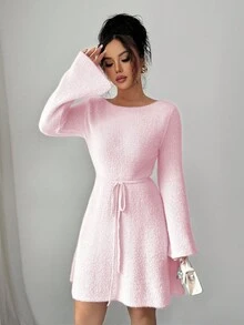 Elenzga Váy len tay loe dáng chữ A cổ tròn chất liệu lông cừu mềm mại, thắt eo cho nữ - Hồng - Xem 4