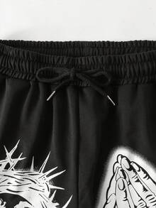 ROMWE MEN Street Life Pantalones de chándal acampanados con estampado de gesto de mano y cruz de color contrastante, streetwear para hombre - Negro - Ver 3