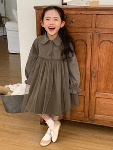 DAZY Young Girl Casual Solid Color Mesh Patchwork Dress, Autumn - Green - View 6