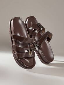 Solecia 2025 Summer New Arrival Women's Fashion H-Shape Black Rivet Platform Hook And Loop Soft Bottom Sandals, Closure, Versatile Non-Slip Open Toe Flat Sandals - Brown - View 6