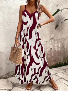 Breezaya Vestido sin mangas de corte evasé con estampado floral, ideal para vacaciones y uso casual - Burdeos - Ver 4