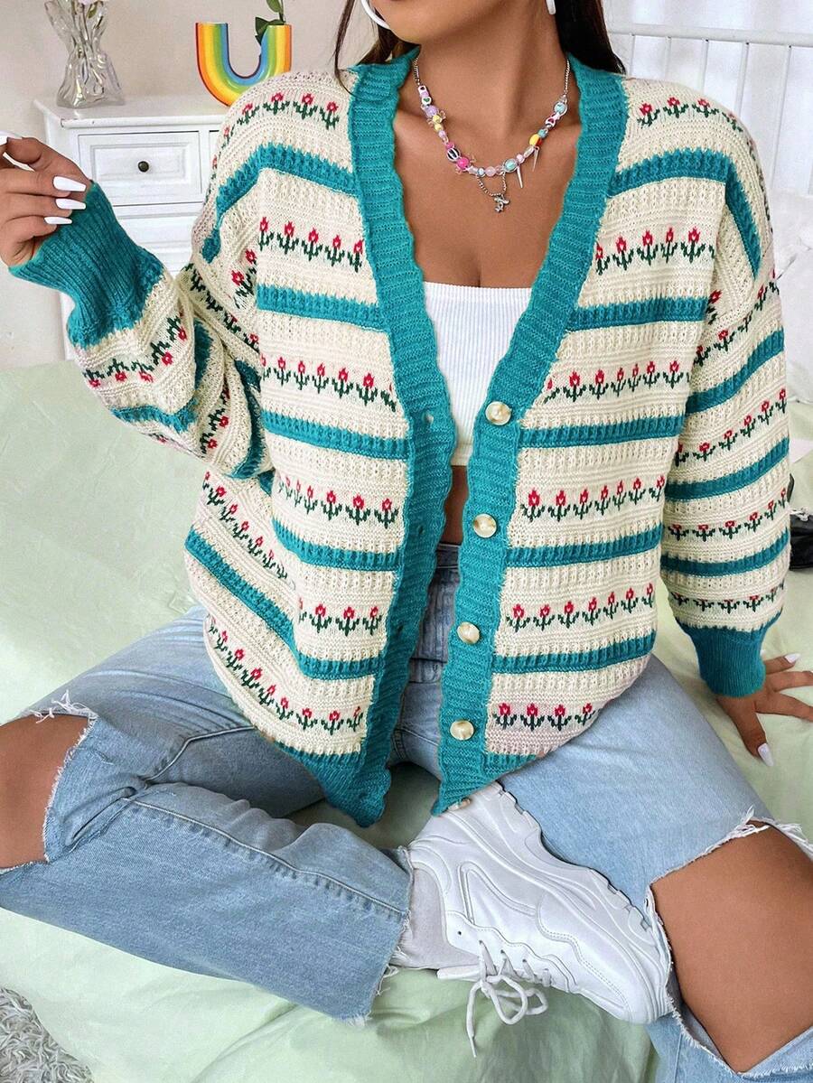 Flirla Áo khoác len dệt kim Jacquard màu tương phản thời trang - Màu xanh bạc hà - Xem 1