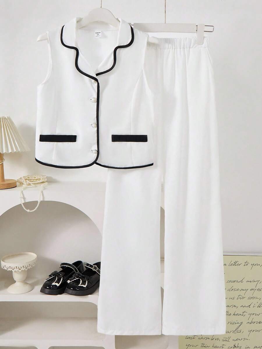SHEIN Explorewe 1套优雅黑白撞色无袖背心+阔腿裤套装 常规厚度休闲春夏 - 白色 - 查看 1