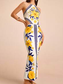 CAJUNI Vestido largo de verano con estampado brasileño en azul y amarillo, con escote halter, espalda descubierta y cintura con lazo para mujer