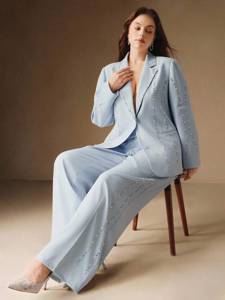 Conjunto de traje de negocios casual elegante para mujer, con decoración de cuentas, adecuado para uso en la oficina, talla grande, otoño/invierno