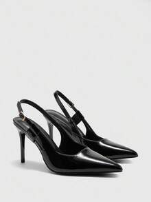 CUCCOO SZL Women's Pointed Toe Stiletto High Heel Black Patent PU Leather Slingback Pumps, Simple & Fashionable For Work And Versatile Wear - Black - View 6