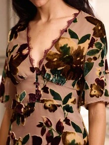 lacRébo Burnout Velvet Floral Mini Dress With Flared Sleeves And Lace-Trimmed Neckline Spring Women Clothes Spring Summer Office Dress Luxury Premium Outfits French Style Parisian Style - Multicolor - View 7