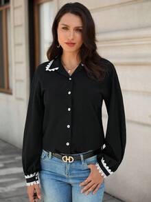 EMERY ROSE Camisa casual de mujer con botones al frente, de manga larga y colores lisos con parches - Negro - Ver 5