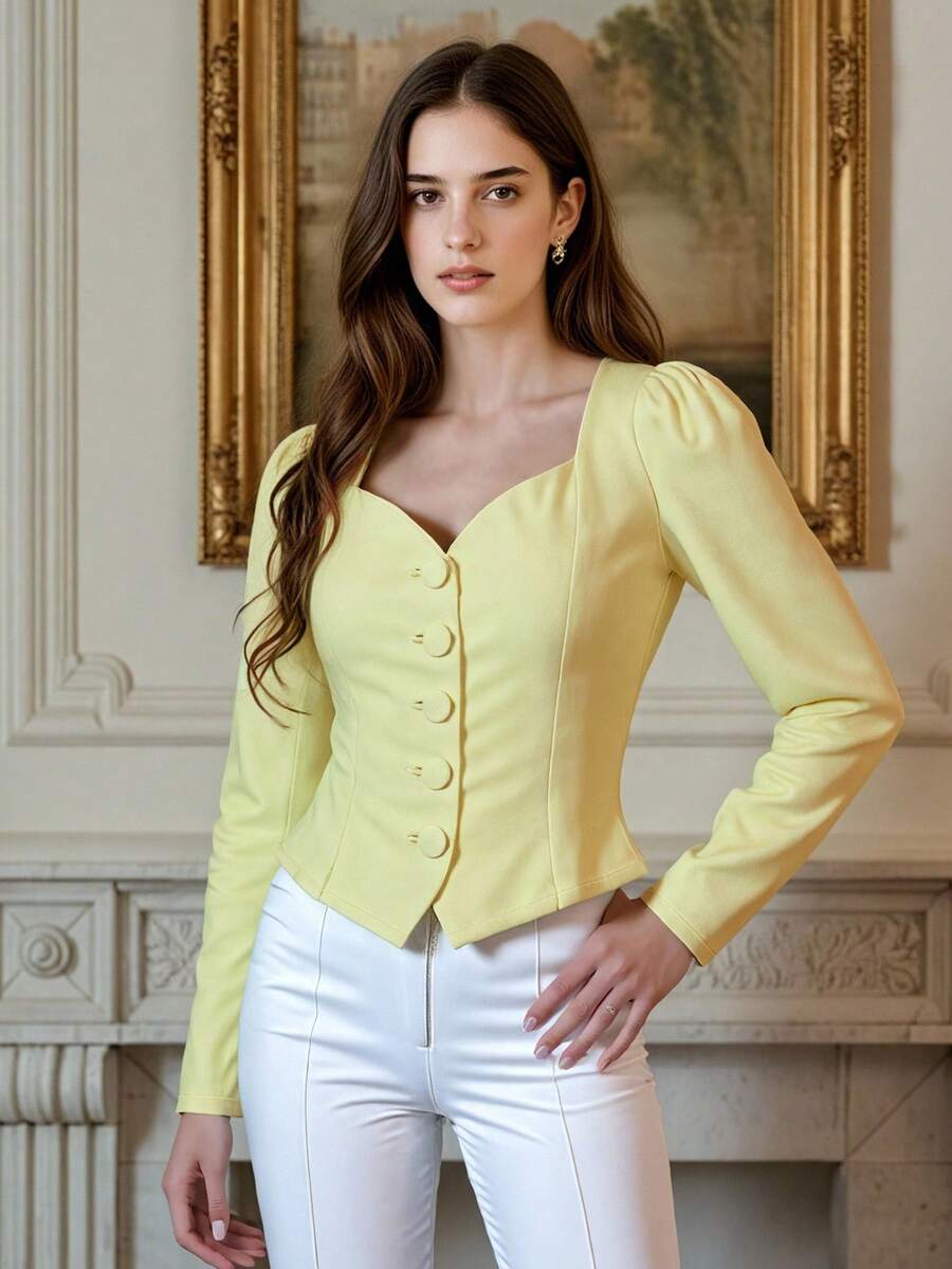 ÉTHER D'OR Fall Halloween Clothes For Women's  Elegant Retro Regular Jacket With Sweetheart Neck And Puff Sleeves For Vacation, Dates, Holidays, Birthday Parties