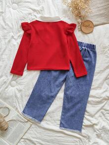 SHEIN Vintaside Kids 年轻女孩复古时尚休闲长袖撞色二合一T恤和心形刺绣水洗牛仔裤两件套，秋季/春季 - 玫紅色 - 查看 2
