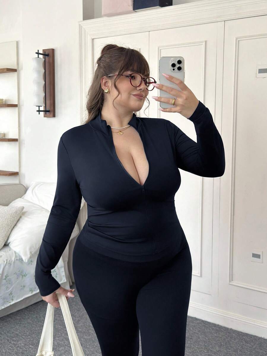 CovetEZ Plus Size Black Slimming High Elastic Leggings Set - Navy Blue - View 1