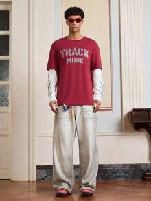 SWAVVY Men's Letter Print Round Neck Red Long Sleeve 2 In 1 T-Shirt, For Fall - Burgundy - View 7