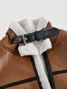 SHEIN MOD Minimalist Fashion PU Leather & Faux Fur Composite Jacket Brown Cropped Jacket Cropped Leather Jacket Brown Jacket Women Women Jackets Crop Jacket,Winter Clothes,Winter Coat,Winter Coat For Women,Christmas Clothes For Women