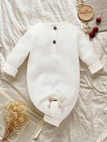 SHEIN Vintaside Kids Newborn/Infant Baby Boy Unisex Solid Color Half Button Long Sleeve Jumpsuit, Baby Boy Jumpsuits Baby Clothes Infant Boy Jumpsuit Neutral Baby Clothes Newborn Baby Cotton Clothes 1M-3M-6M-9M-1T - White - View 3