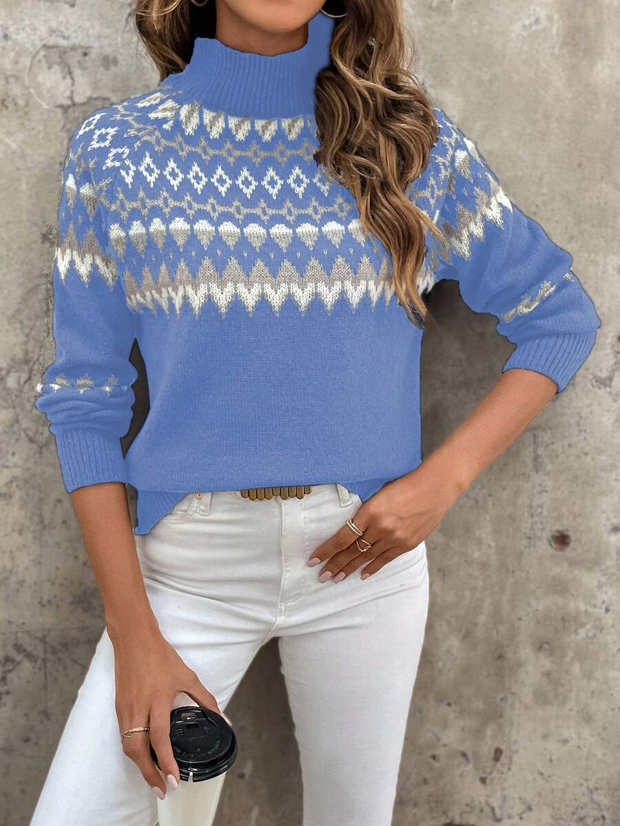 EMERY ROSE Áo len dài tay cổ cao dáng rộng thoải mái cho nữ (Họa tiết Argyle ngẫu nhiên), Thu/Đông - Màu xanh lam - Xem 1