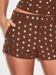 Brown Studded Corset High Waisted Hot Pants With Silver Metal Grommets - Coffee Brown - View 5