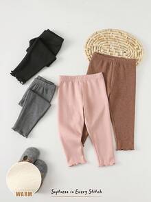 Cozy Pixies 4 قطع من السراويل الضيقة المصنوعة من الأقمشة الناعمة المحبوكة بألوان صلبة مع خصر متباين للأطفال البنات