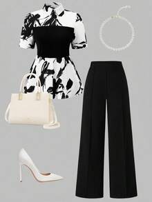 SHEIN Clasi 2件套女士夏季休闲花卉印花纽扣前衬衫和裤子套装 - 黑與白 - 查看 1