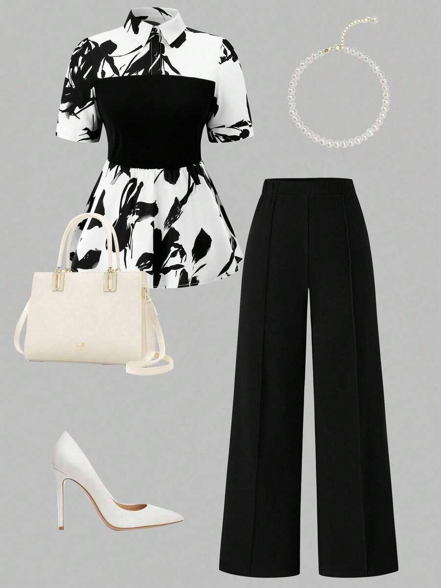 SHEIN Clasi 2件套女士夏季休闲花卉印花纽扣前衬衫和裤子套装 - 黑與白 - 查看 1