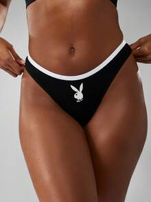 Missguided x Playboy 女士高腰内裤 撞色绑带设计 棉质丁字裤 比基尼内裤 兔子标志系列 - 黑與白 - 查看 1