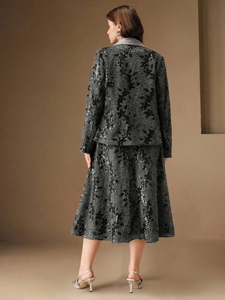Plus Size Women Elegant Commuter Sequins Fabric Heavy-Duty Blazer & Skirt Suit Set, Suitable For Fall, Winter, New Year, Party, Wedding, Elegant, Chic, Stylish, Evening Dress, Chic Wedding, Christmas, Elegant Dresses For Party
