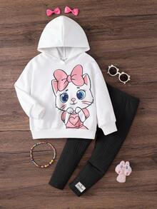 SHEIN Ensemble Sweat-shirt à capuche et pantalon à motif de dessin animé mignon pour bébé fille, idéal pour le port casual, quotidien et scolaire en automne et hiver. Manches longues chauds et confortables, parfait pour le port casual, quotidien et scolaire en automne et hiver - Blanc - Voir 2