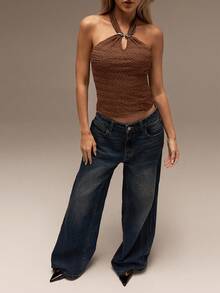 SHEIN Forever 21 海滩度假 夏季文艺复兴博览会 乡村音乐会 Y2k 上衣 毕业典礼 外出露背上衣 音乐节 机场 复活节 波西米亚风女式上衣 - 棕色 - 查看 3