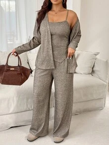 Vionelle Plus Size Women 3-Piece Set: Solid Color Long Sleeve Jacket, Camisole, And Wide Leg Pants, Knit Casual Outfit For Autumn/Winter - Brown - View 6