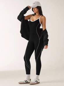 SHEIN BAE 黑色 & 白色露背吊带无缝运动连体裤 - 黑與白 - 查看 8