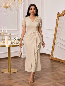 SHEIN Lady Women's Floral Sequin V-Neck Puff Sleeve Ruched Dress, Elegant - Khaki - View 8