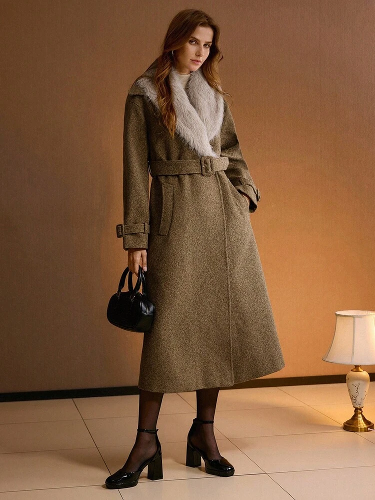 WOMEN'S FAUX FUR COLLAR LOOSE FIT WOOLEN OVERCOAT, AUTUMN/WINTER