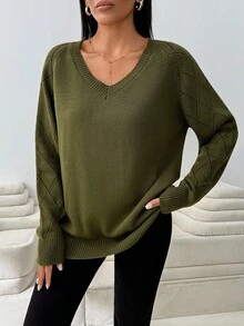 EURMUSE Áo len cổ tròn dệt kim gân cỡ nhỏ thường ngày cho nữ - Màu Khaki - Xem 1