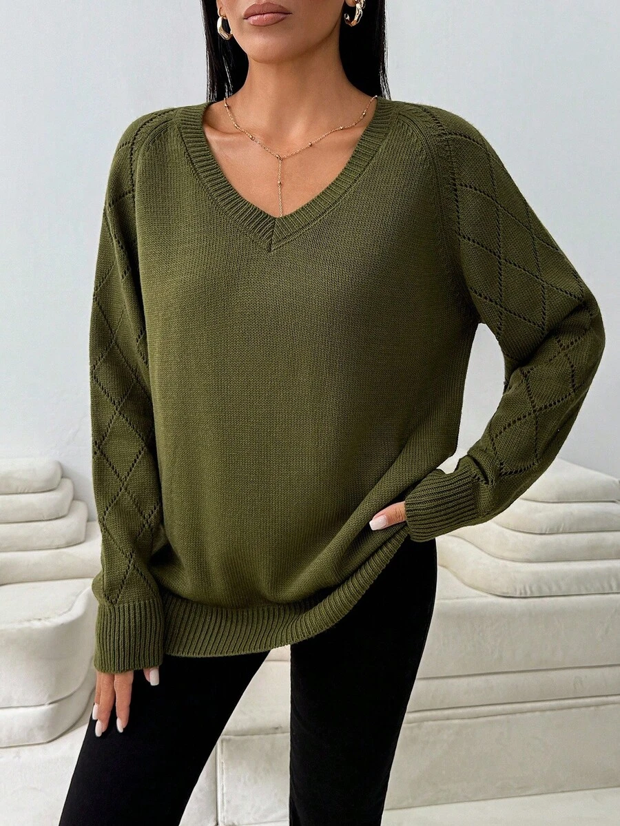 EURMUSE Áo len cổ tròn dệt kim gân cỡ nhỏ thường ngày cho nữ - Màu Khaki - Xem 1